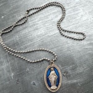 Miraculous Medal Dog Tag Necklace Blue Silver Long Men’s Pendant Chain Necklace